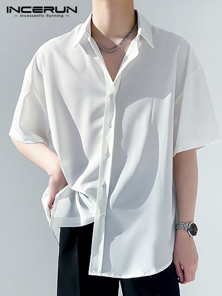 INCERUN Men Casual Shirt Lapel Short Sleeve Streetwear 2022 Button Fashion Men Clothing Solid Color Summer Korean Shirts S-3XL 7